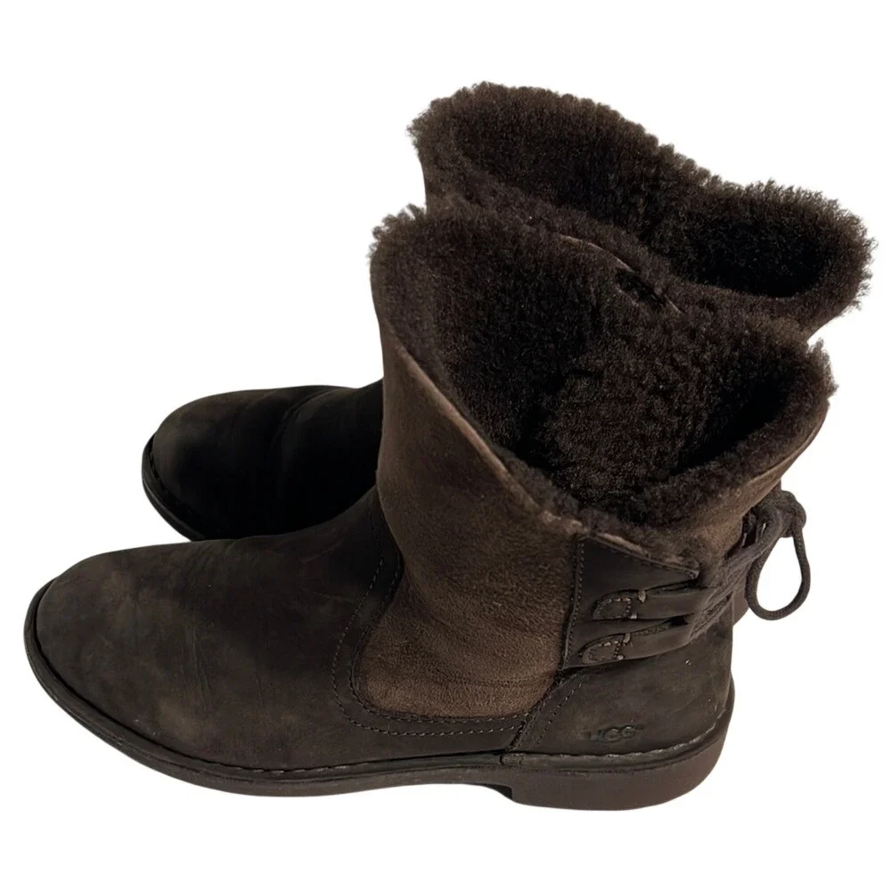 UGG Brown‎ Leather Suede Shearling Back Tie Mid Calf Boots Womens 7 1005430